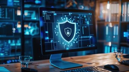 A computer monitor displays shield showing. Concept of security and protection