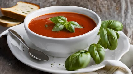 Canvas Print -  Delicious bowl of tomato soup with basil served with a side of bread