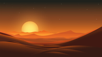 Wall Mural - Night desert. Beautiful desert at night. Landscape of late sunset or dawn over sand dunes with an amazing starry sky. Desert vector illustration.
