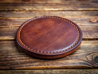 A solitary round leather coaster rests on a rustic wooden table, its rich brown color and natural texture contrasting beautifully with the worn wooden surface.