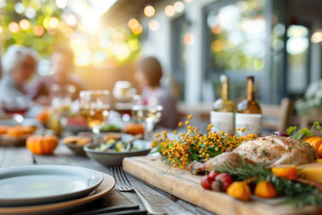 Wall Mural - Family having a meal outdoors, table setting with pumpkins and autumn decoration