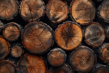 Wall Mural - Close-Up View of Stacked Tree Logs Showing Annual Rings and Texture. Generative AI