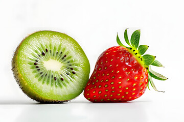 Wall Mural - half cut kiwi fruit and fresh strawberry isolated on white background