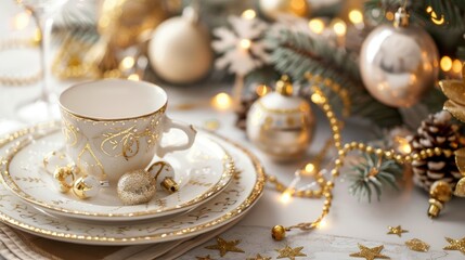 Sticker - Festive New Year s table setting with decorated white plate and gold trim