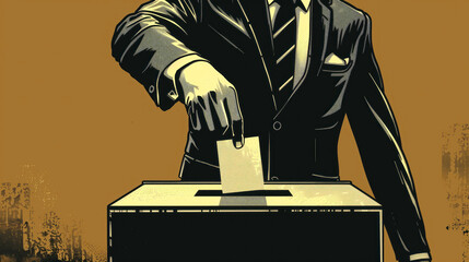  hand placing a card of man wearing suit into the voting box