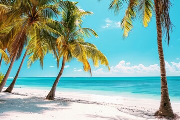 Wall Mural - Tropical white sand beach with palm trees and turquoise sea on a Caribbean island.