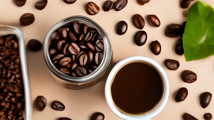 Canvas Print -  Aromatic coffee beans and a steaming cup inviting a moment of relaxation