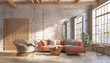 © bump alpha - Large living room loft, bright, sunny interior. Two rooms divided by a decorative partition wall. 3D render. 3D illustration.