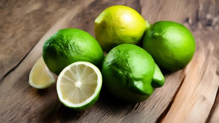 Wall Mural -  Fresh lime slices on a wooden surface ready to zest