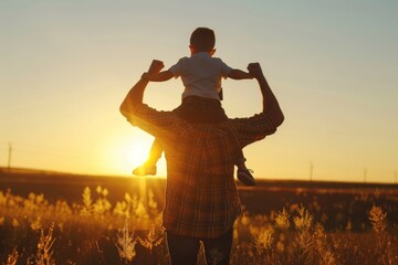 During sunset, a father and son play together in the park.