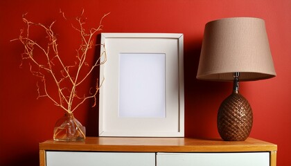 White frame mockup on the chest of drawers near table lamp