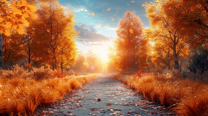 Wall Mural - Colorful foliage in the park. Falling leaves natural background. Yellow trees and sun.