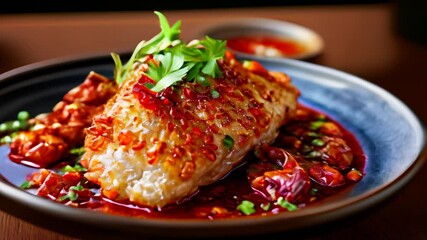 Wall Mural -  Deliciously cooked fish with a vibrant sauce ready to be savored