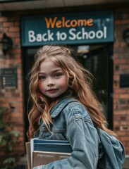 Sticker - A little girl with long red hair wearing a denim jacket and carrying books in front of a door with a sign that says 