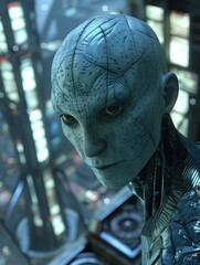 Wall Mural - a close-up of a blue alien's face. ai.