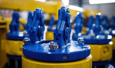 Poster - Close-up of blue and yellow industrial machinery. AI.