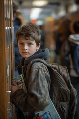 Wall Mural - A young boy stands in a school hallway, leaning against a locker. He is wearing a camouflage jacket and a backpack. He has a serious expression on his face. AI.