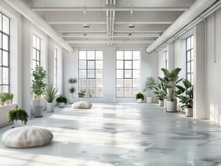 Wall Mural - Bright and airy loft space with large windows and plants. AI.