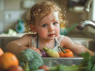 Sticker - Cute baby playing with vegetables in the sink. AI.