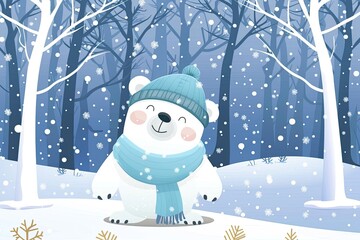 Poster - Cute Cartoon Polar Bear Wearing a Blue Scarf and Hat in a Snowy Forest