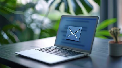 A laptop screen shows an email with a blue background