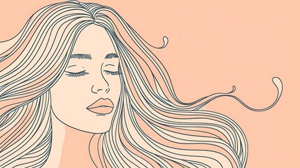 Vector illustration of a beautiful woman with long, flowing hair. The woman is depicted in profile with her eyes closed and her lips slightly parted.