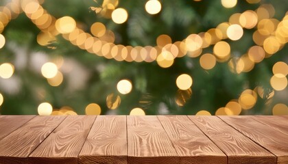 Wall Mural - wooden table in front of blurred background with bokeh lights high quality photo