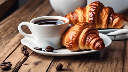 Poster -  Delicious morning indulgence  a flaky croissant and a warm cup of coffee