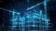 © BoOm - Digital building concept with glowing blue wireframe architecture and cranes. Futuristic construction technology representation.