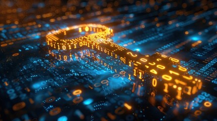 digital key made of glowing binary code, symbolizing cybersecurity and encryption in a virtual envir