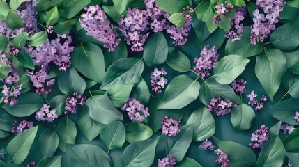 Canvas Print - Lilac flowers and green leaves on floral backdrop for Mother s and Women s Day Top down view