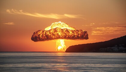 Wall Mural - abstract sunset in the form of a nuclear explosion over the sea