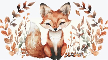 Wall Mural - Adorable cartoon watercolor illustration forest fox in a circular foliage frame