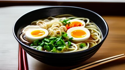 Canvas Print -  Delicious Asian noodle dish with soft boiled eggs and greens