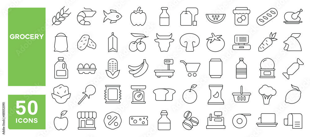 Set of 50 line icons related to grocery, dairy, food product ...