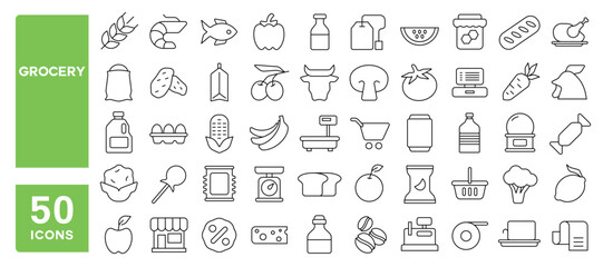 Set of 50 line icons related to grocery, dairy, food product, supermarket, snacks, consumer basket, Editable stroke. Vector illustration