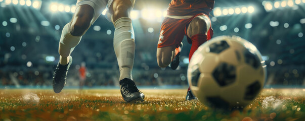 two soccer players in action, one with long white socks and the other wearing black shoes, facing each other on an empty grass field inside a stadium at night