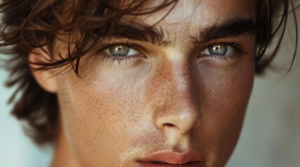 Wall Mural - A young man with dark brown hair and freckles looks directly at the camera. His blue eyes are wide open. The lighting is soft and warm.