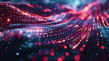 Luminous neon particle structure. Purple, yellow and blue digital cyberspace futuristic science fiction background