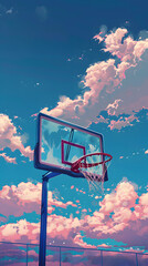 A basketball hoop with clouds in the background