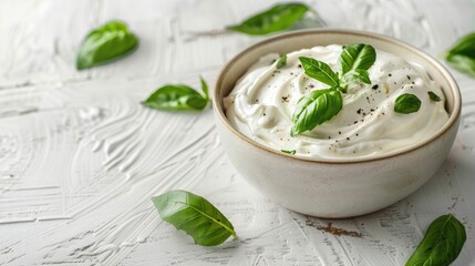 Wall Mural - Fresh sour cream with basil in a bowl on a white wooden surface