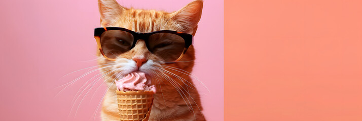 Wall Mural - Funny animal pet summer holiday vacation photography banner - Closeup of cat with sunglasses, eating ice cream in cone, isolated on apricote background