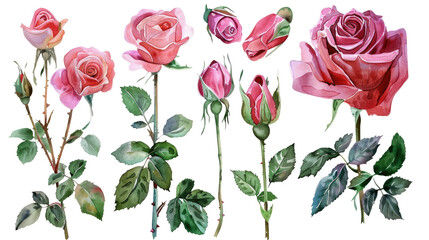 Wall Mural - watercolor rose flowers isolated on white or transparent background