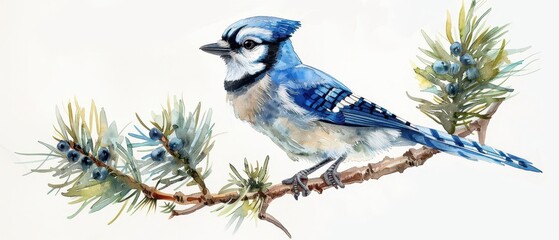 watercolor painting of a blue jay perched on a branch.