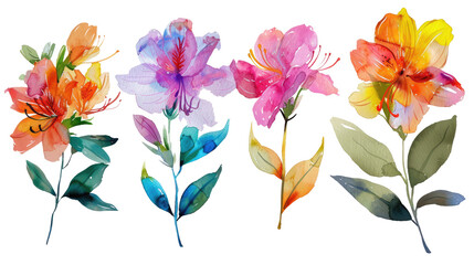 Wall Mural - Collection of Azalea flowers clipart watercolor cutout png isolated on white or transparent background