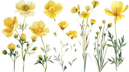 Wall Mural - Collection of watercolor Buttercup flowers isolated on white or transparent background