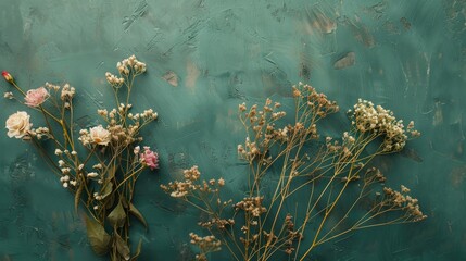 Wall Mural - Dried flower arrangement on green backdrop with space for text