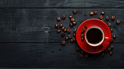 Poster - Red cup and coffee bean on black wooden surface viewed from above