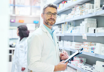 Canvas Print - Pharmacy, smile and portrait of man with checklist for dispensary, inventory and information. Medical, professional and mature pharmacist with clipboard for count in healthcare, supply and inspection