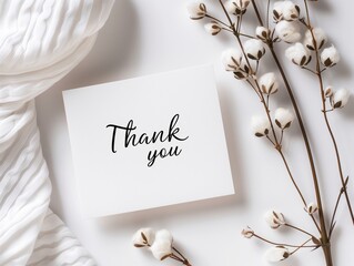 Elegant Thank You card on a white surface with delicate cotton branches and fabric.